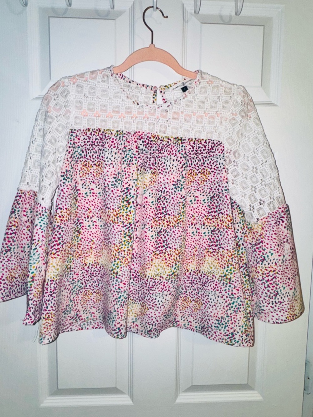 Lace Yoke Floral Dot Peasant Blouse in Pink and White - Picture 2 of 5